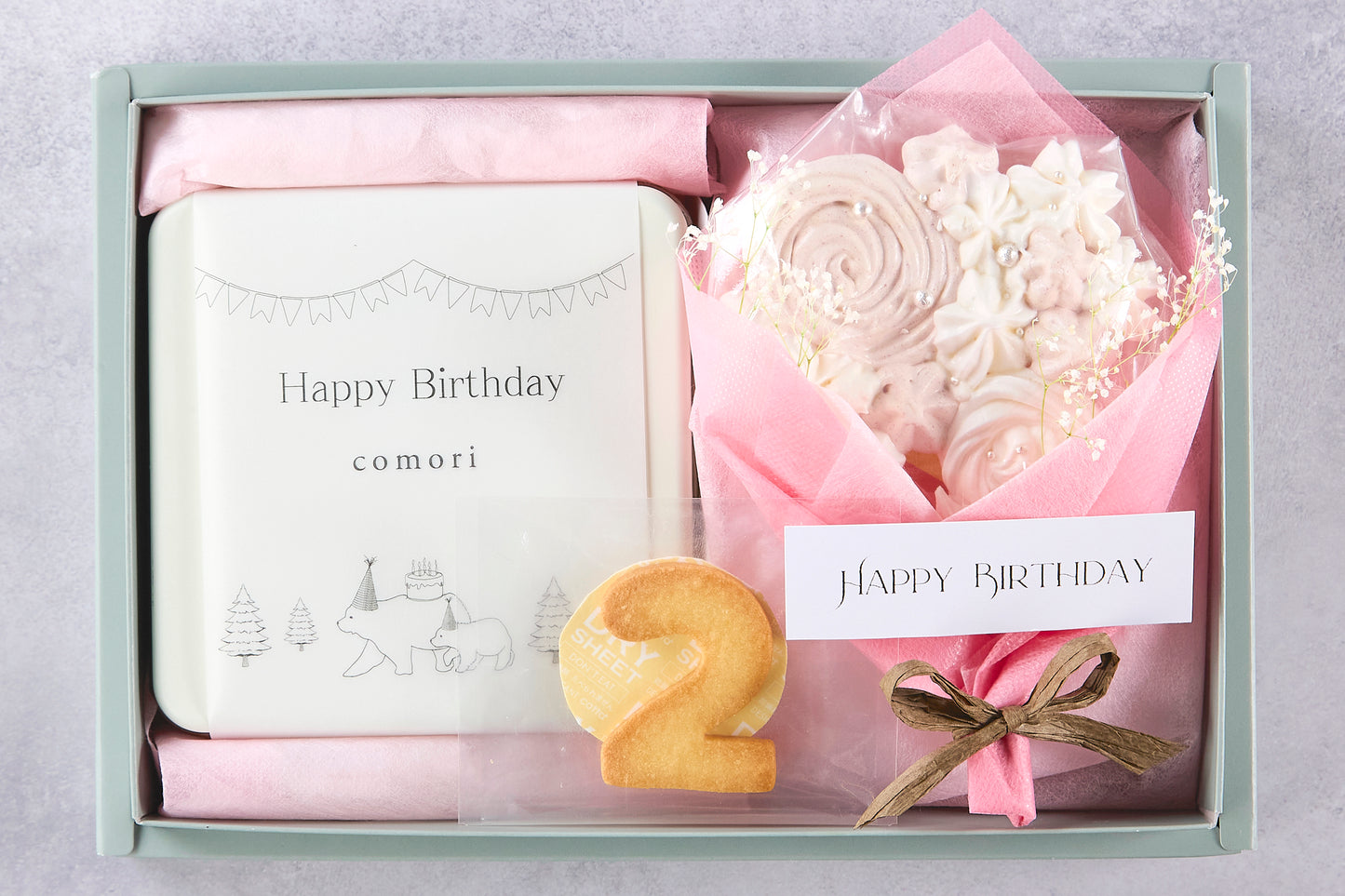 Happy Birthday - クッキー缶とメレンゲ花束のギフトボックス