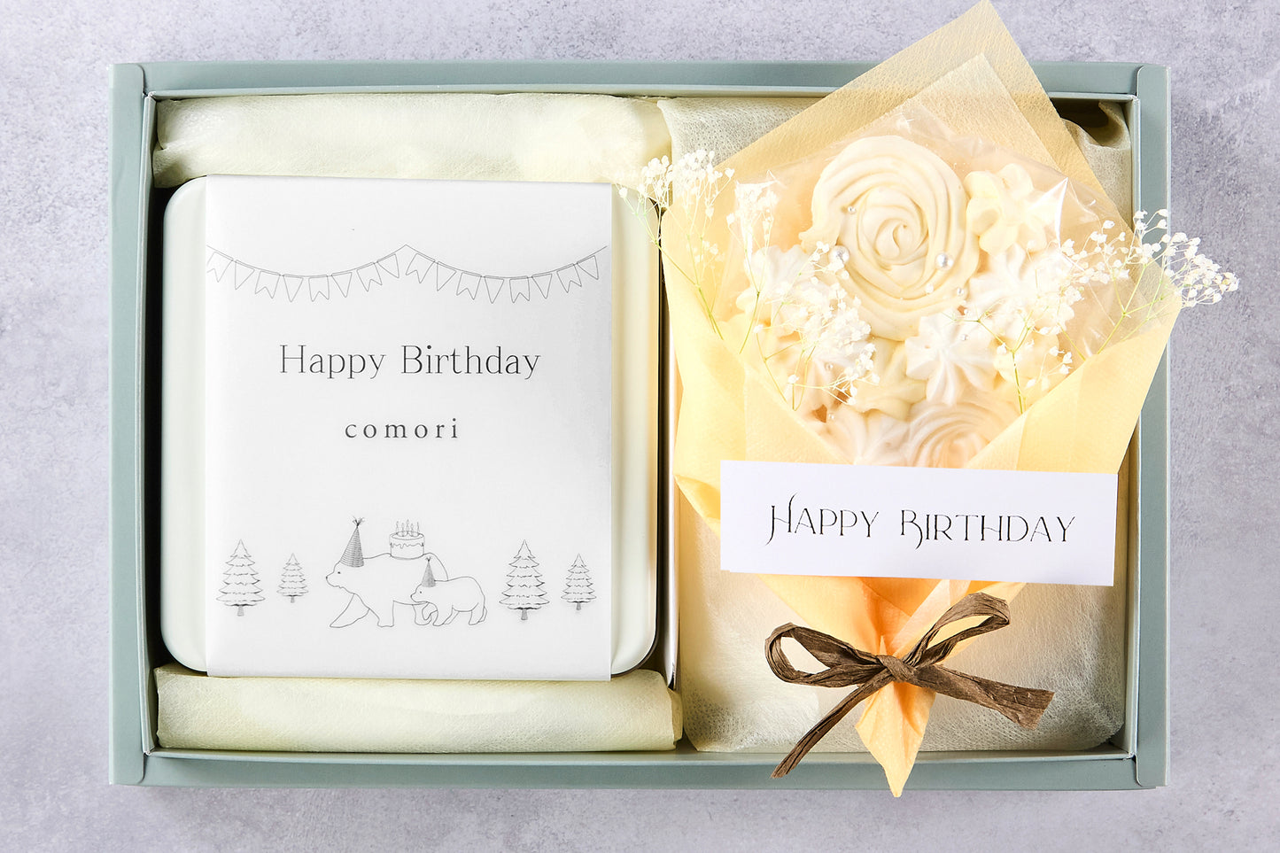 Happy Birthday - クッキー缶とメレンゲ花束のギフトボックス